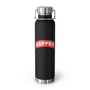 May include: A black stainless steel water bottle with a red and white sticker that says "SAPPER".