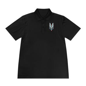 May include: Black polo shirt with a small embroidered emblem of a winged dagger with the text "Who Dares Wins" on the right chest.