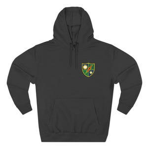 May include: Dark grey hooded sweatshirt with a front pocket and a drawstring hood. The sweatshirt features a small embroidered emblem on the chest with a sun, star, and lightning bolt design in green, yellow, and red.
