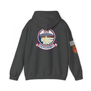 May include: Dark gray hoodie with a hood and long sleeves. The back features a circular patch with the text "501 GERONIMO" and a Native American profile. A smaller patch with a lightning bolt and the text "AIRBORNE" is on the right sleeve.