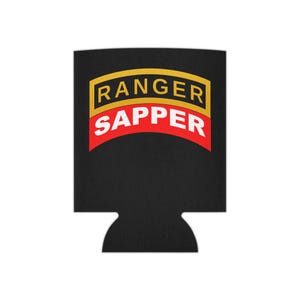 May include: Black can cooler with a red and gold patch that says "Ranger Sapper" in white letters.
