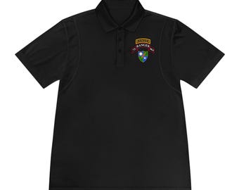 May include: Black polo shirt with a collared neckline and short sleeves. The shirt features a small emblem on the left chest with the text "RANGER" and "75". The emblem includes a shield design with green, blue, and white elements.