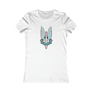 May include: A white t-shirt with a blue and red graphic of a winged dagger with the text "Who Dares Wins".