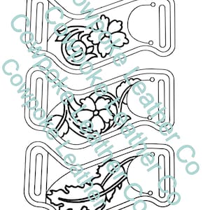 May include: Three black and white leather craft templates with floral designs. Each template features a rectangular shape with a curved handle and decorative cutouts. The floral patterns include flowers, leaves, and swirling vines.