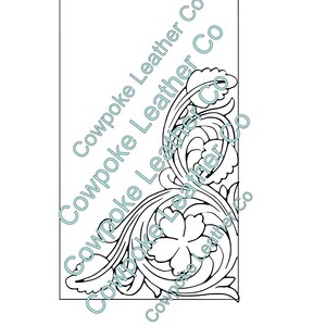May include: A black and white line drawing of a floral design with a large flower in the center. The design is in the shape of a corner and would be suitable for leather carving.