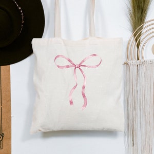 Pink Bow Tote Bag Coquette Aesthetic Trendy Tote Bag Coquette Ribbon Tote Bag Gift for Daughter Gift for Girl Gift for Her Bride Tote Bag