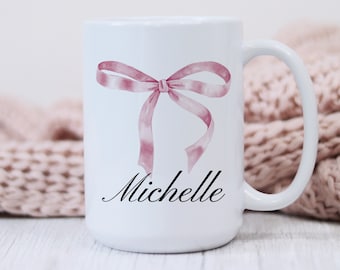 Gepersonaliseerde roze strik koffiemok aanpassen Coquette roze mok cadeau voor haar roze mok Coquette esthetische cadeau voor dochter grote roze strik