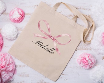 Bruidsmeisje Tote Bag Roze Boog Tote Bag Coquette Tote Gepersonaliseerde Naam Coquette Esthetische Aangepaste Naam Tote Bag Cadeau voor dochter Meisje Cadeau