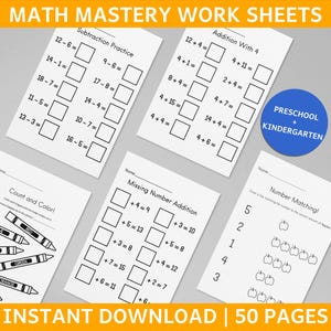 May include: Black and white printable worksheets for preschool and kindergarten students. The worksheets feature math problems for addition and subtraction, as well as a count and color activity and a number matching activity.