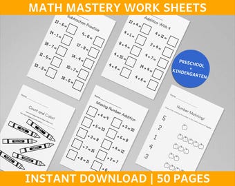 50 Math Mastery Worksheets for Preschool & Kindergarten | Addition, Subtraction, Counting | Printable Activities | Instant Download | PDF