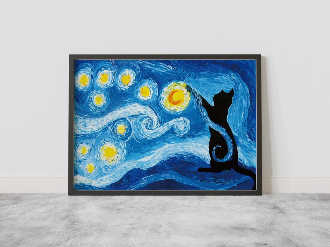 Starry Night Cat Wall Art Starry Night Canvas Starry Night Etsy