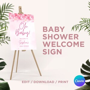 Pretty in Pink Editable Baby Shower welcome Sign Pink Watercolor Oh Baby sign welcome baby shower party sign printable sign digital download