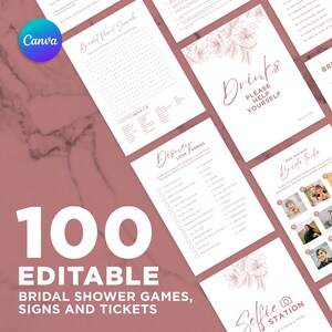 Blush 100 editable bridal shower bundle – printable games, signs and tickets in dusty pink minimal floral design