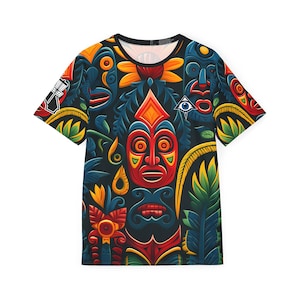 May include: A black t-shirt with a colorful pattern of tribal masks, flowers, and leaves. The design features a variety of colors, including red, orange, yellow, green, blue, and purple.