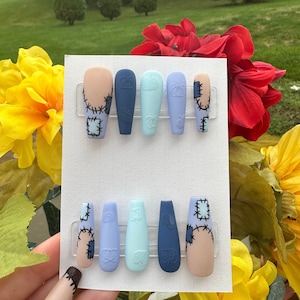 Blue purple 3D pumpkins fall halloween press on nails