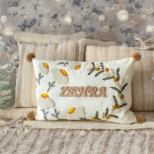 Adorable Custom Name Pillow for Baby, Cute 7th Anniversary Gift, Punch Needle Embroidered Pillow with Personalized Designs, Linen Pillowcase