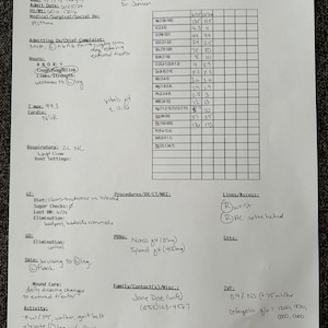 May include: A medical chart with patient information, including name, date of birth, admission date, height, weight, medical history, allergies, medications, vital signs, procedures, and lines/access. The chart also includes a section for family/contact information and IV fluids.