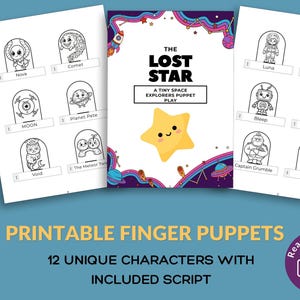 Puede incluir: Marionetas de dedo imprimibles con 12 personajes únicos de exploradores espaciales con guion incluido. Las marionetas son dibujos lineales en blanco y negro, listos para imprimir. The Lost Star, una pequeña obra de teatro de marionetas para exploradores espaciales.