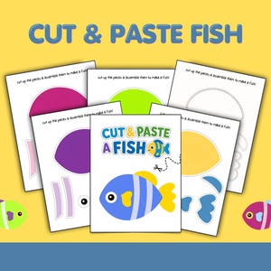 May include: A colorful educational craft kit with the text "CUT & PASTE FISH". The kit includes several sheets with fish outlines and cut-out shapes in various colors, such as blue, yellow, and pink, for children to assemble.