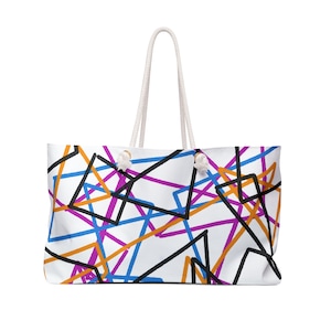 Funky Lines Weekender Bag / Colorful abstract art large tote bag / unique gift for women / fun shapes handbag / overnight bag/ gym bag