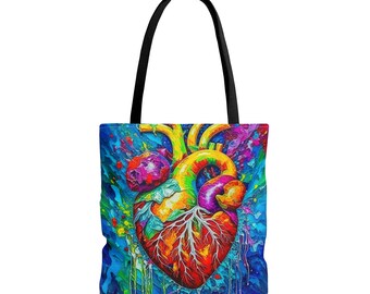 Artsy Heart Tote Bag Blue/ Colorful Painted Original Art Handbag / Gift for women / Anatomy Heart Medical Bag