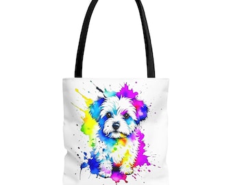 Colorful Bichon Frise tote bag | All-Over Print, Vibrant Drip Art