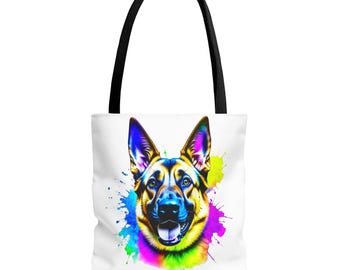 Colorful German Shepherd tote bag | All-Over Print, Vibrant Drip Art