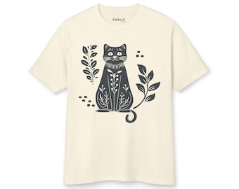 Linocut Cat design Tee | Floral Cat Graphic Shirt