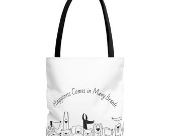 Dog Breed Line Art Tote Bag | "Happiness Comes in Many Breeds" Canvas Bag