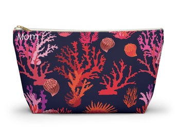 Pink Orange Coral Under the Sea Ocean Accessory Pouch w T-bottom, personalize with name or initials, gift, makeup bag, art supply bag