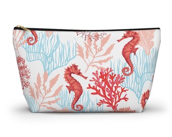 Seahorse Coral Under the Sea Ocean Accessory Pouch w T-bottom, personalize with name or initials, gift, makeup bag, art supply bag