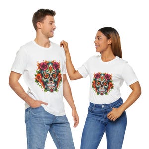 Sugar Skulls T-Shirt, Day of the Dead Tee, Skeleton Shirt, Mexican Dia de los Muertos Top, Unisex Jersey Short Sleeve Tee