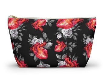 Black Anatomic Heart and Roses Accessory Pouch with T-bottom, gift, makeup bag, art supply bag