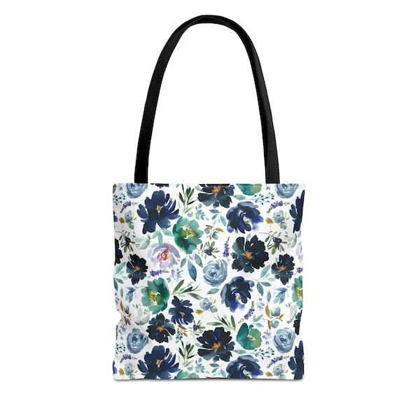 Sac fourre-tout bleu et vert fleurs printanières, sac aquarelle floral, sac de voyage, petites, moyennes et grandes tailles, cadeau pour femme