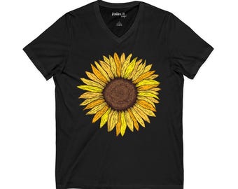 Sunflower Illustration Tee | Large Hand-Drawn Yellow Sunflower on V-Neck