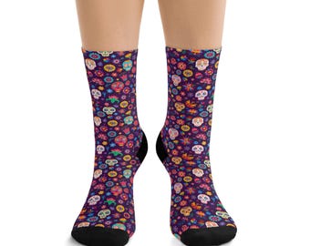 Sugar Skull Pattern Socks | Day of the Dead Floral Crew Socks