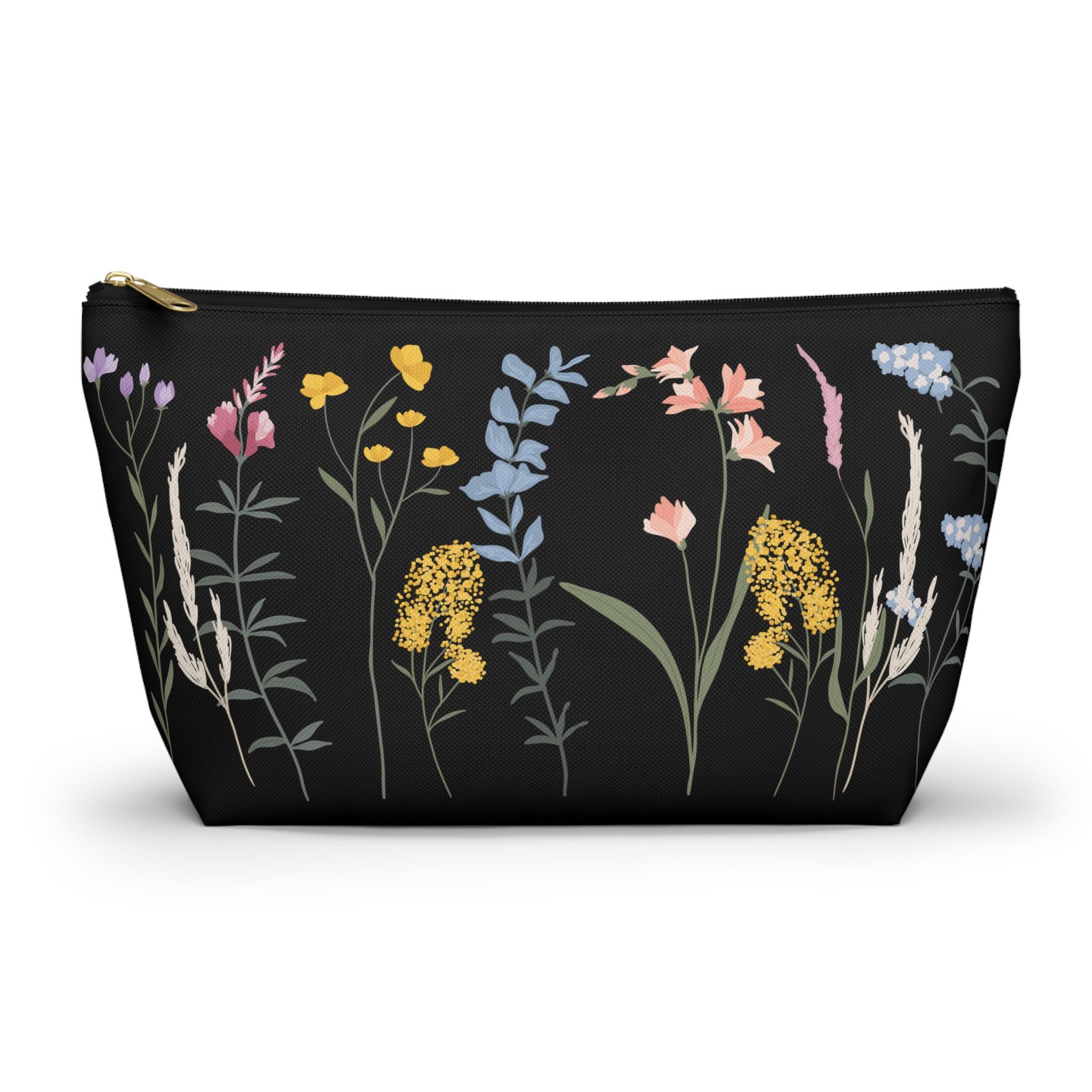 Black Flower Garden Accessory Pouch, Floral design, Small or Large, Makeup bag, pencil case, art supply bag, toiletry bag