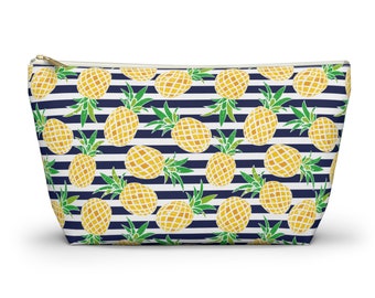 Striped Tropical Pineapple Accessory Pouch w T-bottom, personalize with name or initials, gift, makeup bag, art supply bag