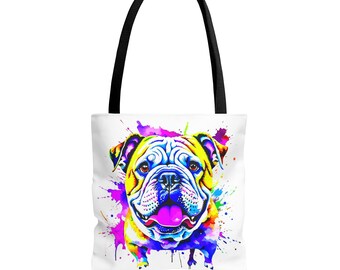 Colorful Bulldog tote bag | All-Over Print, Vibrant Drip Art