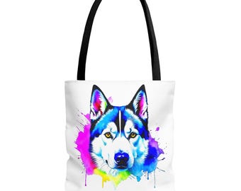Colorful Husky tote bag | All-Over Print, Vibrant Drip Art