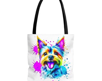 Colorful Yorkie tote bag | All-Over Print, Vibrant Drip Art