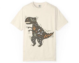 Linocut T-Rex T-Shirt | Floral Dinosaur Illustration