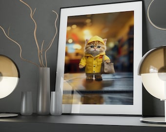 Puddle Jumper Art Poster: Cat in Yellow Raincoat