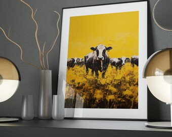 Golden Pasture Cow Print: Rustic Farmhouse Wall Art