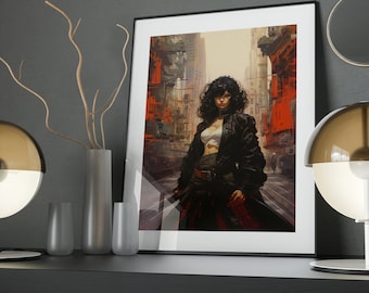 Anime Cityscape Art Poster: Retro Woman, Urban Decor