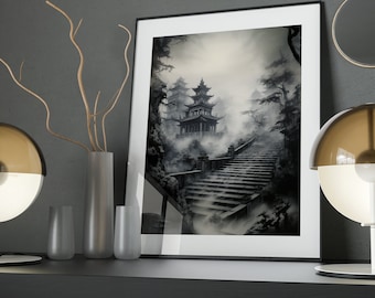 Temple Staircase Art Poster: Chinese Ink Wash Print