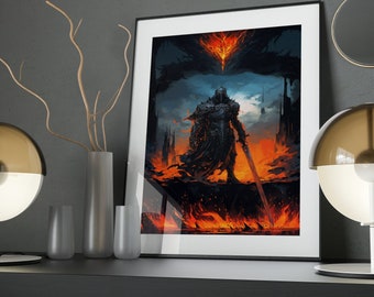 Knight in Flames Art Poster: Embers of Valor, Fantasy Wall Decor