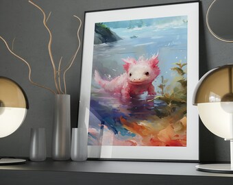 Axolotl Art Poster: Impasto Whimsical Swimming Amphibian
