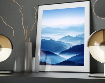 Mist-Kissed Valley Art Poster: Blue Mountain Landscape Print