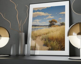 Sandbank Serenade Art Poster: Impressionistic Riverside Landscape